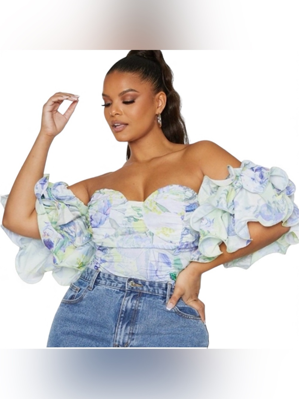 PrettyLittleThing Plus White Floral Ruffle Puff Sleeve Bardot Crop Top NWT 22